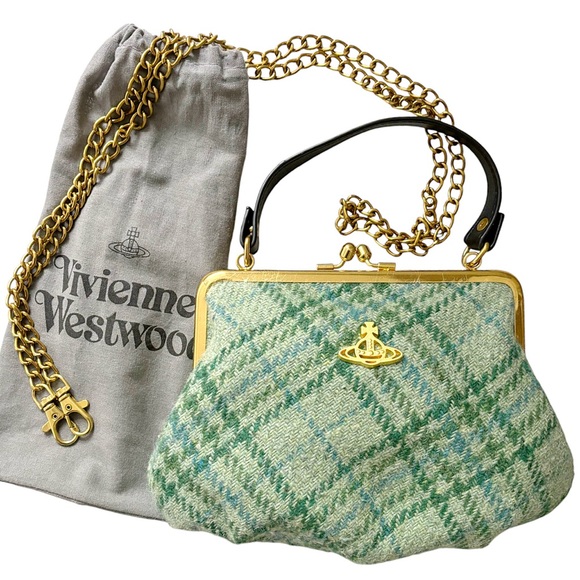 ❌SOLD❌Vivienne Westwood Framed Elena Green Tartan Wool Plaid Bag RARE - Picture 2 of 9